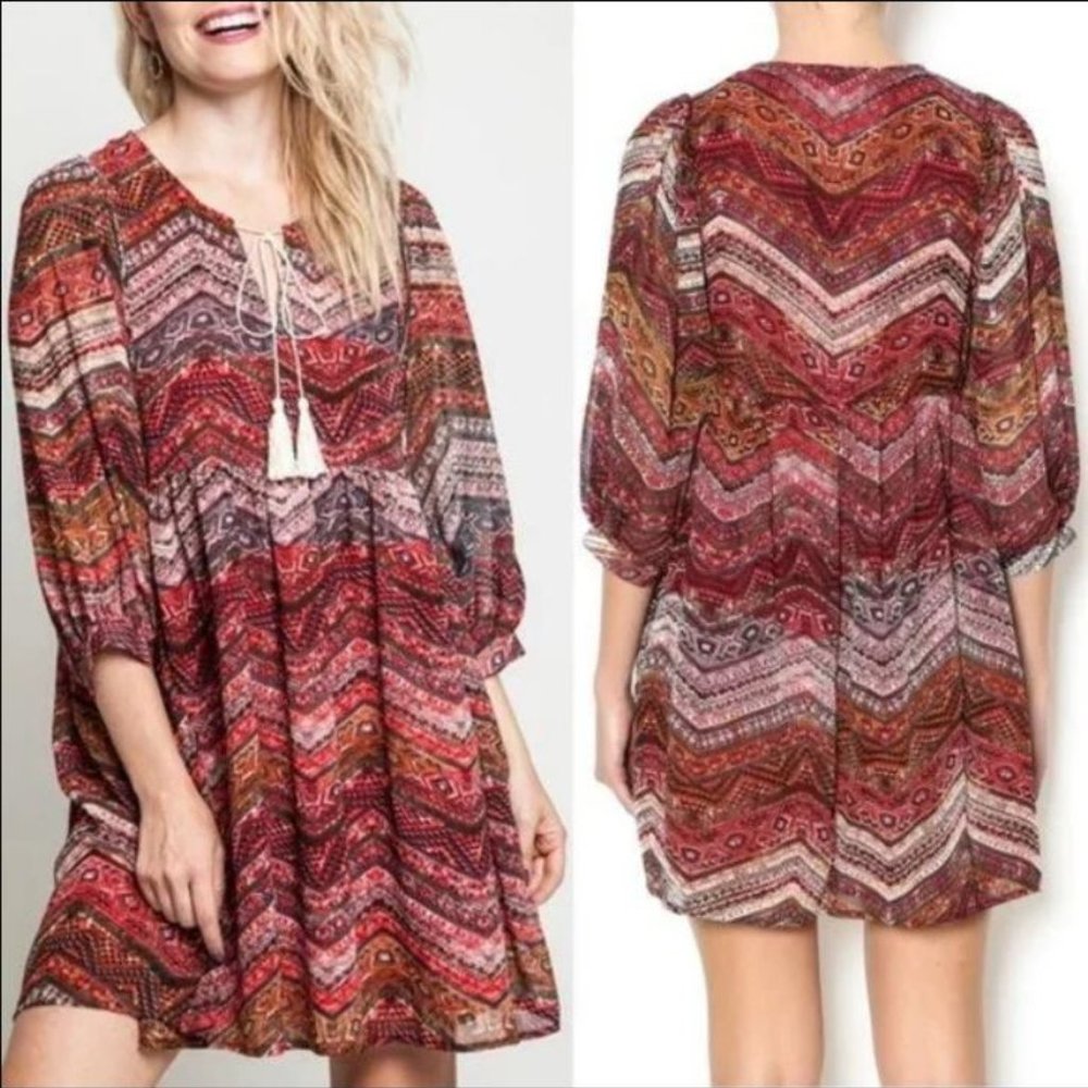 UMGEE Chevron Print Tassel Mini Dress | Red | Size Small